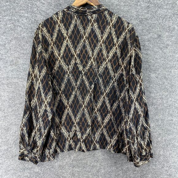 J. Ferrar Top Women 22 Plus Black Geometric Button Up V-Neck Long Sleeve Silk - Picture 2 of 6